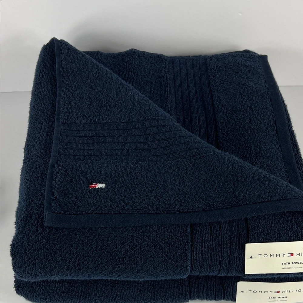 Tommy Hilfiger Bath Towels Set of 2 Fifth Ave Blue Navy Plush 100% Cotton NEW
